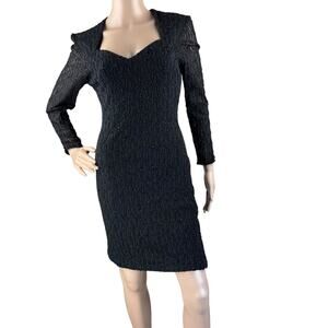 Vintage Niki 80s 90s Black Mesh Queen Anne Neck Long Sleeves Bodycon Dress 8